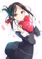  black_dress black_hair blush closed_mouth commentary_request cowboy_shot dress female folded_ponytail forehead hair_ribbon hands_up heart heart-shaped_pillow highres holding kaguya-sama_wa_kokurasetai_~tensai-tachi_no_renai_zunousen~ light_particles long_hair long_sleeves looking_at_viewer matsuuni pillow red_eyes red_ribbon ribbon sailor_collar sailor_dress school_uniform shinomiya_kaguya shuuchiin_academy_school_uniform sidelocks simple_background smile solo standing white_background white_sailor_collar 