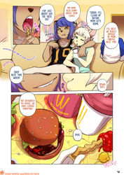  2016 beverage blonde_hair blue_eyes blue_hair bottomless brown_body brown_fur burger clothed clothing dean_(character) dialogue domestic_cat english_text felid feline felis femboy fingers food fries fur hair jay_(character) male male/male mammal one_eye_closed open_mouth shirt teeth text tokifuji tongue topwear yellow_body yellow_eyes yellow_fur 