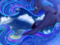  2018 alicorn blue_body blue_feathers cloud cosmic_hair equid equine ethereal_hair eyebrows eyelashes eyeshadow feathered_wings feathers female feral flying friendship_is_magic hair half-closed_eyes hasbro hi_res hooves horn long_hair makeup mammal mascara my_little_pony mythological_creature mythological_equine mythology narrowed_eyes oofycolorful portrait princess_luna_(mlp) pseudo_hair sky snow snowflake solo spread_wings teal_eyes wings winter 