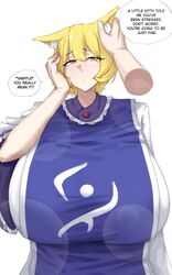  1girls big_breasts blonde_hair breasts clothed_female disembodied_hand english_text fox_ears fox_girl huge_breasts light-skinned_female mature_female no_sex omikami ran_yakumo talking_to_viewer text text_bubble touhou white_background wholesome yellow_eyes yellow_hair 