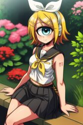  1girl ai_generated ai_hands aliasing arm_tattoo big_eye big_head black_collar black_skirt blonde_hair clothed_female clothing cyclops cyclops_girl eye female flowers garden grass hair_clips hair_ornament hair_ribbon hairband hairclip head_scarf headphones hyper_eyes jaggy_lines kagamine_rin long_skirt midriff_peek number_tattoo one_eye outside park pleated_skirt png ribbon sailor_collar school_uniform short_hair short_sleeves simple_shading sitting skirt sleeveless_shirt small_breasts tattoo tattoo_on_arm thighs vegetation vocaloid white_ribbon white_scarf white_shirt yellow_clothing yellow_hair yellow_ribbon 