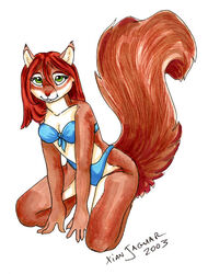  2003 anthro bikini brown_body brown_fur brown_hair clothed clothing female fur green_eyes hair mammal rodent sciurid signature solo swimwear tree_squirrel xianjaguar 