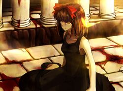  aki_(persona) brown_hair commentary_request dress female hair_ribbon hebikichi persona persona_1 ribbon short_hair solo 