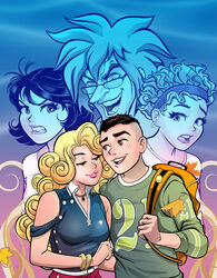  2boys 3girls backpack bag blonde_hair carmem_frufru cassio_araujo couple curly_hair glasses highres licurgo_orival_umbelino_cafiaspirino_de_oliveira multiple_boys multiple_girls official_art spiked_hair straight turma_da_monica turma_da_monica_jovem zazo_aguiar 