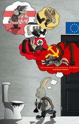  4_toes aleone anthro bathroom biped black_pawpads canid canine canis claws communism digital_media_(artwork) digitigrade dirty dirty_feet door european_union feet flag flag_background floor foot_fetish foot_on_face geopolitics germany hammer_and_sickle hare historical humor inside jackal lagomorph leporid mammal nazi pawpads paws plumber poland politics public_restroom russian russian_text satire soviet_union swastika text toe_claws toes toilet translated wings wolf 