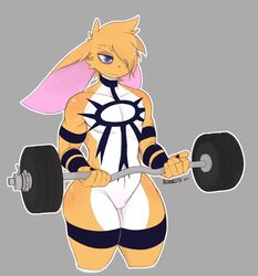  0r0 2019 ambiguous_gender anthro aronhilistix digital_media_(artwork) exercise hi_res lagomorph leporid male mammal muscular muscular_male nude pecs rabbit simple_background solo weights 