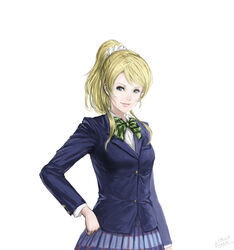  ayase_eli bad_id bad_pixiv_id blazer blonde_hair blue_eyes female hand_on_own_hip high_ponytail jacket looking_at_viewer love_live! love_live!_school_idol_project ogamiya_jin otonokizaka_school_uniform school_uniform smile solo uniform white_background winter_uniform 