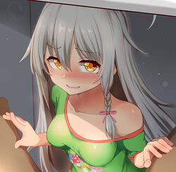  ahoge bare_shoulders blush braid breasts breasts_apart collarbone commentary_request embarrassed female green_shirt grey_hair hair_between_eyes hands_on_another&#039;s_leg highres hoshi_syoko idolmaster idolmaster_cinderella_girls long_hair long_sleeves looking_at_viewer medium_breasts moyashi_baasuto off-shoulder_shirt off_shoulder open_mouth out_of_frame pink_ribbon ribbon sexually_suggestive shirt side_braid sidelocks single_braid smile solo_focus under_the_table upper_body yellow_eyes 