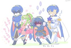  2boys 2girls ancestor_and_descendant belt black_gloves blue_cape blue_hair blush cape closed_mouth commentary dual_persona fingerless_gloves fire_emblem fire_emblem:_mystery_of_the_emblem fire_emblem_awakening fire_emblem_heroes flower gloves green_hair hair_ribbon heart locked_arms long_hair long_sleeves lucina_(fire_emblem) marth_(fire_emblem) marth_(fire_emblem_awakening) marth_(groom)_(fire_emblem) mask multiple_boys multiple_girls one-piece_swimsuit open_mouth pink_one-piece_swimsuit pointy_ears ponytail protected_link qumaoto red_ribbon ribbon short_hair simple_background standing swimsuit tiara tiki_(fire_emblem) tiki_(young)_(fire_emblem) tiki_(young)_(summer)_(fire_emblem) translated twitter_username white_background white_gloves 