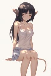  animal_ears arms_at_sides artist_name bare_arms bare_shoulders black_hair blue_skirt blunt_bangs blush bra bra_visible_through_clothes closed_eyes closed_mouth collarbone commentary female highres invisible_chair long_hair medium_skirt miura-n315 purple_bra see-through simple_background sitting skirt sleeveless solo tail underwear utawarerumono utawarerumono:_itsuwari_no_kamen very_long_hair yellow_background yuzuha_(utawarerumono) 