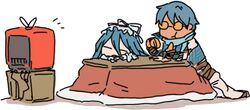  .hack// .hack//g.u. 1boy aina aina_(.hack//g.u.) bandai cyber_connect_2 female food fruit kotatsu lowres mandarin_orange mikan ovan table television yokoshima_(tirimoti) 