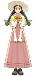  blush blush_stickers bow bowtie braid brown_eyes brown_hair bun_ends capelet double_bun dress female fingerless_gloves full_body fuse_takuro gloves gyakuten_saiban hair_bun hat juniper_woods loafers long_dress long_hair official_art phoenix_wright:_ace_attorney_-_dual_destinies pink_dress shoes shy solo standing tachi-e twin_braids twintails v_arms white_background white_capelet white_gloves yellow_bow 