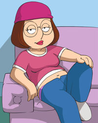  beanie belly breasts brown_hair couch family_guy female glasses haruyama_kazunori hat lipstick makeup meg_griffin panties pants pink_panties plump shirt shoes short_hair smile solo underwear 