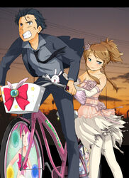  alpha_omega bare_shoulders basket bicycle bicycle_basket black_hair black_necktie blue_eyes blush bow brother_and_sister brown_hair clenched_teeth comet-kun commentary_request dirty dirty_face dress dusk evening female flower formal gloves gown hair_flower hair_ornament hair_up hands_on_another&#039;s_hips highres hoshikuzu_witch_meruru itasha jacket kousaka_kirino kousaka_kyousuke long_hair looking_away looking_up maabou meruru_(oreimo) multiple_riders necktie ore_no_imouto_ga_konna_ni_kawaii_wake_ga_nai outdoors pants pantyhose pink_flower pink_rose ponytail power_lines riding rose short_hair siblings sidelocks sidesaddle sitting smile strapless strapless_dress suit sunset tassel teeth torn_clothes torn_dress tuxedo white_legwear wind 