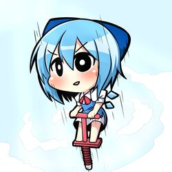  blue_bow blue_dress blue_hair blush bow chibi cirno commentary_request dress female hairbow hopping ice ice_wings pogo_stick smile solo touhou twumi wings 