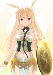  bare_shoulders bell_(oppore_coppore) blonde_hair bracelet breasts bright_pupils commentary_request fate/grand_order fate_(series) female hair_between_eyes head_wings highres holding holding_polearm holding_shield holding_weapon jewelry long_hair looking_at_viewer medium_breasts pelvic_curtain polearm red_eyes shield smile solo spear standing thrud_(fate) valkyrie_(fate) weapon wings 