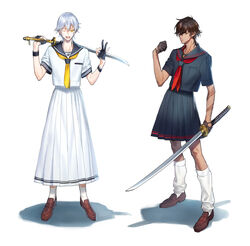  2boys black_gloves brown_hair commentary_request crossdressing gloves katana kneehighs male_focus molly money_gesture multiple_boys one_eye_closed ookurikara open_mouth partially_fingerless_gloves school_uniform serafuku smile socks sword tattoo touken_ranbu tsurumaru_kuninaga weapon white_hair white_legwear yellow_eyes 