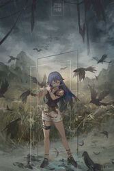  bare_legs belt bird black_shirt blue_hair bracelet closed_eyes cloud cloudy_sky commentary_request crow feathers female field flute fu_hua fu_hua_(night_squire) fu_hua_(rustic_noir) grey_hair hair_between_eyes high_heels highres honkai_(series) honkai_impact_3rd instrument jewelry landscape long_hair mountain music official_alternate_costume outdoors photoshop_(medium) playing_instrument rain red_ribbon ribbon shirt shorts sky sleeveless sleeveless_shirt solo zzz_(orchid-dale) 