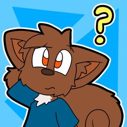  1:1 2016 ambiguous_gender anthro blue_clothing brown_body brown_fur brown_nose clothed clothing eyebrows fluffy fluffy_tail fur hand_behind_head joltink mammal orange_eyes question_mark reaction_image rodent sciurid shirt simple_background solo tail topwear tree_squirrel what 