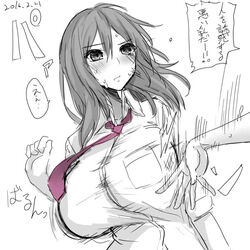  2016 bad_id bad_pixiv_id blush breasts commentary_request female huge_breasts kurokawa_otogi monochrome necktie original slapping slapping_breasts solo_focus sweat translation_request 