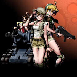  2boys 2girls :o ahoge belt blonde_hair blue_eyes breasts brown_hair cleavage crop_top fio_germi gatling_gun glasses grin gun handgun hat holster kasamoto_eri knee_pads load_bearing_vest looking_at_viewer looking_back marco_rossi medium_breasts metal_slug midriff midriff_peek military military_vehicle motor_vehicle multiple_boys multiple_girls navel official_art ponytail salute senno_aki shorts small_breasts smile submachine_gun sunglasses sv001_(metal_slug) tank tarma_roving trigger_discipline weapon wristband 