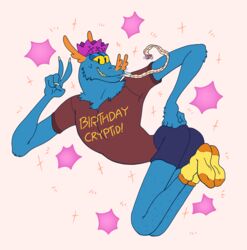  2017 5_fingers anthro arm_tuft ass bat bat_nose biped birthday black_eyes blue_bottomwear blue_clothing bottomwear brown_clothing brown_topwear cheek_tuft claws clothed clothing crown digital_media_(artwork) english_text facial_tuft fingers footwear front_view full-length_portrait fully_clothed gesture hairy hand_gesture hand_on_hip headgear hi_res humanoid_hands legwear looking_at_viewer male mammal neck_tuft object_in_mouth orange_nose paper_crown party_horn pink_background plantigrade portrait sharp_teeth shirt shirt_logo shorts simple_background slimeymonsterguts slimeymonsterguts_(fursona) smile socks solo sparkles suspended_in_midair teeth text toony topwear tuft v_sign yellow_claws yellow_clothing yellow_footwear yellow_legwear yellow_sclera yellow_socks 