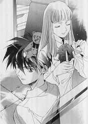  1boy 90s couple female gundam gundam_wing heero_yui heero_yuy highres monochrome murase_shuko relena_peacecraft wing_gundam 