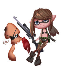  asymmetrical_gloves bikini blue_eyes boots brown_hair combat_boots commentary cosplay facepaint female flat_chest gloves gun harness highres inkling_player_character kumiko_shiba mechanical_arms metal_gear_(series) metal_gear_solid_v:_the_phantom_pain mismatched_gloves pantyhose pointy_ears prosthesis quiet_(metal_gear) quiet_(metal_gear)_(cosplay) rifle scope single_mechanical_arm smile sniper_rifle splatoon_(series) splatoon_1 squid swimsuit torn_clothes torn_pantyhose venom_snake venom_snake_(cosplay) weapon 