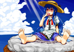  barefoot blue_hair commentary_request eating feet female food foreshortening fruit hat hinanawi_tenshi holding holding_food holding_fruit kagelantern keystone long_hair peach red_eyes rope shimenawa sitting soles solo spread_legs toes touhou 