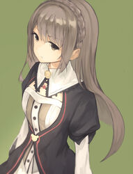  atelier_(series) atelier_escha_&amp;_logy braid brown_eyes brown_hair commentary_request crown_braid expressionless female green_background jacket linca_(atelier) linca_(eighth)_(atelier) long_hair nid_(r1ches) partial_commentary solo 