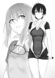  2girls 3: aragaki_nagisa badminton_racket breasts collar collarbone commentary_request greyscale hanebado! hanesaki_ayano highres holding left-handed monochrome multiple_girls onao parted_lips racket short_hair simple_background sportswear tomboy white_background 