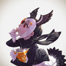  atlantic_puffin_(kemono_friends) bird_tail bird_wings black_hair black_jacket black_scarf blonde_hair bright_pupils chips_(food) commentary_request eating feathered_wings female food from_side gloves head_wings highres jacket japari_chips kemono_friends long_sleeves md5_mismatch multicolored_hair nose open_clothes open_jacket potato_chips profile realistic red_eyes red_hair resolution_mismatch scarf short_hair solo source_smaller tail takami_masahiro upper_body white_gloves white_hair white_pupils wings 