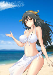  absurdres bad_id bad_pixiv_id bare_shoulders beach bikini black_hair blush breasts brown_eyes commentary_request cowboy_shot day female hair_between_eyes hair_ornament hairclip haruna_(2016_swimsuit_mode)_(kancolle) haruna_(kancolle) headgear highres kantai_collection large_breasts long_hair looking_at_viewer manjukannon navel outdoors sarong smile solo stomach swimsuit white_bikini 