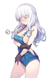  bare_shoulders blush breasts carmilla_(fate) cleavage collarbone cosplay fate/grand_order fate_(series) female frown gloves hand_on_own_arm hand_on_own_hip highres large_breasts long_hair looking_down naked_overalls overall_shorts overalls paul_bunyan_(fate) paul_bunyan_(fate)_(cosplay) paul_bunyan_(third_ascension)_(fate) solo sweatdrop vivi_(eve_no_hakoniwa) wavy_hair wavy_mouth white_background yellow_eyes 