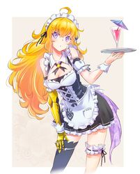  ahoge alternate_costume apron asymmetrical_legwear black_dress blonde_hair breasts detached_sleeves dress enmaided female frilled_apron frilled_dress frills highres holding holding_tray iesupa large_breasts legwear_garter long_hair maid maid_apron maid_headdress prosthesis prosthetic_arm purple_eyes rwby single_legwear_garter single_thighhigh solo thighhighs tray uneven_legwear waist_apron wavy_hair white_apron wrist_cuffs yang_xiao_long 