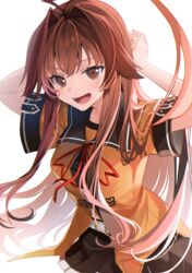  :d absurdres ahoge arms_behind_head belt belt_buckle breasts brown_eyes brown_hair brown_shirt brown_skirt buckle female highres huge_ahoge kantai_collection kuma_(kancolle) kuma_kai_ni_(kancolle) long_hair looking_at_viewer medium_breasts oerba_yun_fang open_mouth pleated_skirt school_uniform serafuku shirt short_sleeves simple_background skirt smile solo white_background white_belt yunamaro 