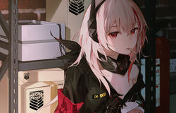  armband bandana black_bandana blonde_hair box cardboard_box close-up commentary cuts eating female food girls&#039;_frontline griffin_&amp;_kryuger headgear highres ice_cream ice_cream_cup ice_cream_spoon injury long_hair long_sleeves looking_at_viewer lunaplum m4_sopmod_ii_(girls&#039;_frontline) mechanical_hands mint_chocolate mouth_hold multicolored_hair off_shoulder opening red_eyes shelf sitting solo spoon storage_room streaked_hair torn_clothes 