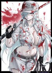  baseball_cap belt black_gloves blood blood_in_hair blood_on_breasts blood_on_clothes blood_on_face breasts cleavage commentary cowboy_shot duan_henglong duplicate female fingerless_gloves gloves grey_eyes groin hair_over_one_eye hat hataraku_saibou hataraku_saibou_black highres holding large_breasts long_hair looking_at_viewer midriff navel neutrophil no_bra over_shoulder pants pixel-perfect_duplicate shirt sidelocks solo standing sword torn_clothes torn_pants torn_shirt u-1196 weapon weapon_over_shoulder white_blood_cell_(hataraku_saibou) white_hair white_pants white_uniform 