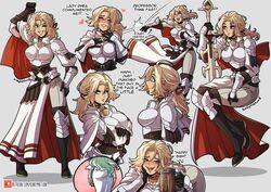  ! !! 2girls arm_up armor artist_name ass belt belt_buckle blonde_hair blue_eyes blush boobplate boots breastplate breasts buckle catherine_(fire_emblem) closed_eyes commentary drunk english_commentary english_text eyes_visible_through_hair fire_emblem fire_emblem:_three_houses gloves green_hair grey_background hand_on_own_hip heart heart-shaped_pupils highres imagining kinkymation long_hair looking_at_viewer medium_hair multiple_girls one_eye_closed pants patreon_username pauldrons ponytail rhea_(fire_emblem) shoulder_armor simple_background standing sword symbol-shaped_pupils thigh_boots thighhighs throwing thunderbrand vambraces watermark weapon 