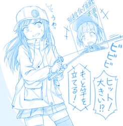  +++ 2girls ^^^ asashio_(kancolle) blue_theme clenched_teeth commentary fishing_rod gotou_hisashi hat holding holding_fishing_rod jacket kantai_collection long_hair long_sleeves monochrome multiple_girls ooshio_(kancolle) open_mouth pleated_skirt simple_background skirt speech_bubble teeth thighhighs translated twintails white_background 