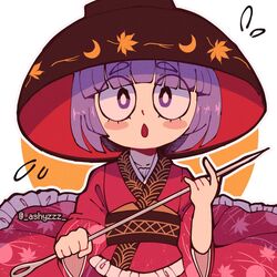  ashyzzz bangs blunt_bangs blush_stickers bowl bowl_hat bright_pupils eyebrows_visible_through_hair female flying_sweatdrops hat highres holding japanese_clothes kimono looking_at_viewer needle open_mouth purple_eyes purple_hair red_kimono sewing_needle short_hair solo sukuna_shinmyoumaru thick_eyebrows touhou twitter_username upper_body white_background white_pupils wide_sleeves 