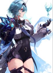  black_bodysuit black_hairband blue_cape blue_gloves blue_hair blue_necktie bodysuit boots breasts butterfly_hair_ornament cape eula_(genshin_impact) female frilled_sleeves frills genshin_impact gloves hair_between_eyes hair_ornament hairband high-waist_shorts ice large_breasts medium_hair multicolored_eyes necktie short_shorts shorts takena-c thick_thighs thigh_boots thigh_strap thighs vision_(genshin_impact) white_background white_sleeves 