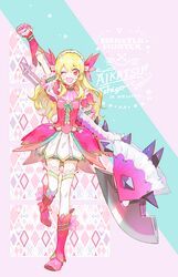  ;d aikatsu! aikatsu!_(series) alternate_costume alternate_headwear arm_up axe blonde_hair boots clenched_hand copyright_name cross-laced_clothes crossover female flower frills full_body gloves headdress high_collar holding holding_axe holding_weapon hoshimiya_ichigo lace_trim long_hair looking_at_viewer monster_hunter_(series) nishihara_isao one_eye_closed open_mouth pink_flower puffy_short_sleeves puffy_sleeves red_eyes short_sleeves smile solo thighhighs wavy_hair weapon 