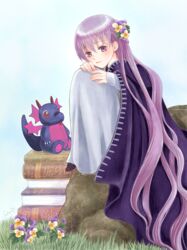  absurdly_long_hair artist_name book book_stack braid cloak commentary_request dress female fire_emblem fire_emblem:_the_binding_blade flower hair_flower hair_ornament knees_up long_hair purple_cloak purple_eyes purple_hair sakura_(sakurasnow55) simple_background sitting solo sophia_(fire_emblem) stuffed_animal stuffed_dragon stuffed_toy very_long_hair 