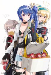  !? 3girls ? ?? artist_name black_choker black_gloves black_jacket blonde_hair blue_hair blush brand_name_imitation breasts can character_name choker collar collarbone cooler denim denim_shorts dr_pepper drink drink_can drinking drinking_straw ear_piercing english_commentary feet_out_of_frame fingerless_gloves foaming_at_the_mouth gamryous girls&#039;_frontline gloves green_hairband green_ribbons grey_hair hair_ornament hair_ribbon hairband highres holding holding_jar id_card jacket jacket_on_shoulders jar k11_(girls&#039;_frontline) long_hair looking_at_viewer m200_(girls&#039;_frontline) mouth_hold multiple_girls open_clothes open_jacket open_mouth open_shirt piercing ponytail purple_eyes red_eyes ribbon shirt shorts side_ponytail small_breasts smile smug soda soda_can spit_take spitting standing sv-98_(girls&#039;_frontline) sv-98_(mod3)_(girls&#039;_frontline) teeth_hold white_background white_shirt 