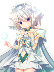  :o antenna_hair bare_shoulders bow breasts clothing_cutout commentary dress elf female flower green_dress grey_hair hair_between_eyes hair_flower hair_ornament highres kokkoro_(princess)_(princess_connect!) kokkoro_(princess_connect!) looking_at_viewer navel navel_cutout open_mouth pointy_ears princess_connect! princess_form_(princess_connect!) red_eyes shitou_kazuaki short_hair sidelocks simple_background sleeveless sleeveless_dress small_breasts solo white_background white_bow white_flower 