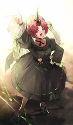  black_dress covered_eyes dress facing_viewer fate/apocrypha fate/grand_order fate_(series) female flower frankenstein&#039;s_monster_(fate) frankenstein&#039;s_monster_(under_the_same_sky)_(fate) frilled_dress frills from_above full_body hair_over_eyes hand_on_own_hip highres horns mechanical_horns neck_ribbon no-kan open_mouth pink_hair pointing pointing_up ribbon shoes short_hair single_horn solo sunlight 