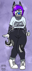  anthro arwenscoots belt bottomwear breasts canid canine canis clothed clothing conditional_dnp denim denim_bottomwear denim_clothing domestic_dog ear_piercing facial_piercing female fishnet_clothing fishnet_legwear footwear gauged_ear hi_res high_waisted_bottomwear high_waisted_pants husky jeans legwear mammal nordic_sled_dog nose_piercing pants piercing septum_piercing shirt shoes sneakers solo spitz topwear wide_hips 