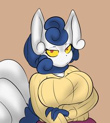  2023 4_fingers anthro arm_under_breasts big_breasts blue_hair blue_highlights bottomwear breasts clothing colored curled_hair digital_drawing_(artwork) digital_media_(artwork) eyelashes female fingers front_view fur generation_6_pokemon hair half-length_portrait hi_res highlights_(coloring) looking_at_viewer mature_female meowstic mouth_closed narrowed_eyes nintendo plantedpot pokemon pokemon_(species) pokemorph portrait pouting pupils purple_bottomwear purple_clothing purple_skirt red_pupils sierra_(plantedpot) simple_background skirt solo tail tan_background white_body white_fur white_tail yellow_sclera 