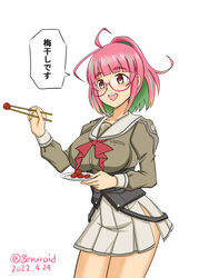  ahoge bow breasts chopsticks commentary_request corset female food fruit geru glasses green_hair grey_sailor_collar grey_skirt juliet_sleeves kantai_collection large_breasts long_sleeves multicolored_hair name_connection object_namesake one-hour_drawing_challenge open_mouth pink-framed_eyewear pink_hair pleated_skirt ponytail puffy_sleeves red_bow red_eyes round_teeth sailor_collar sailor_shirt school_uniform serafuku shirt short_hair skirt solo streaked_hair teeth translated ume_(kancolle) umeboshi upper_teeth_only 